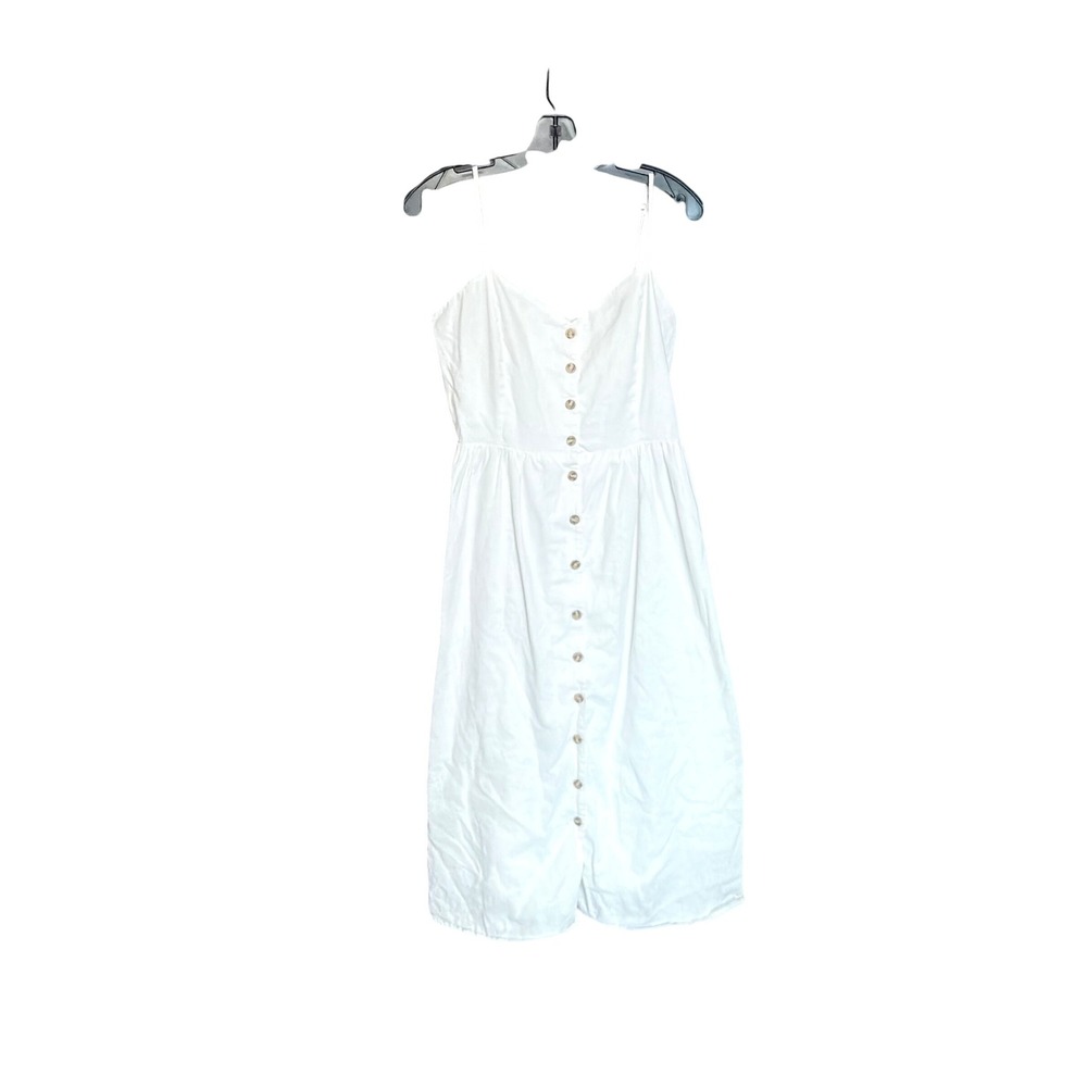 H&M White Linen Blend Button Front Midi Sundress Smocked Back Spaghetti Straps L